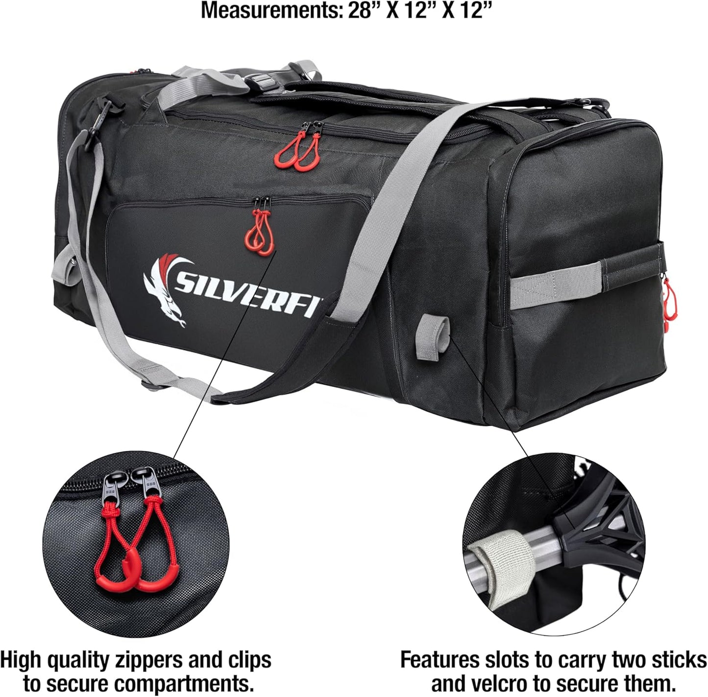 Silverfin Lacrosse Black/Grey Gear Bag | With Two Stick Holders & Multi Pockets for all of Your Lacrosse Equipment