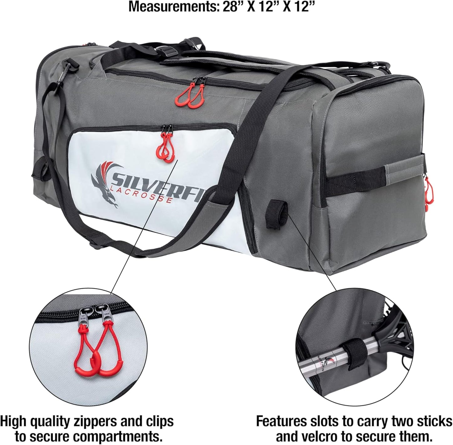 Silverfin Lacrosse Black/Grey Gear Bag | With Two Stick Holders & Multi Pockets for all of Your Lacrosse Equipment