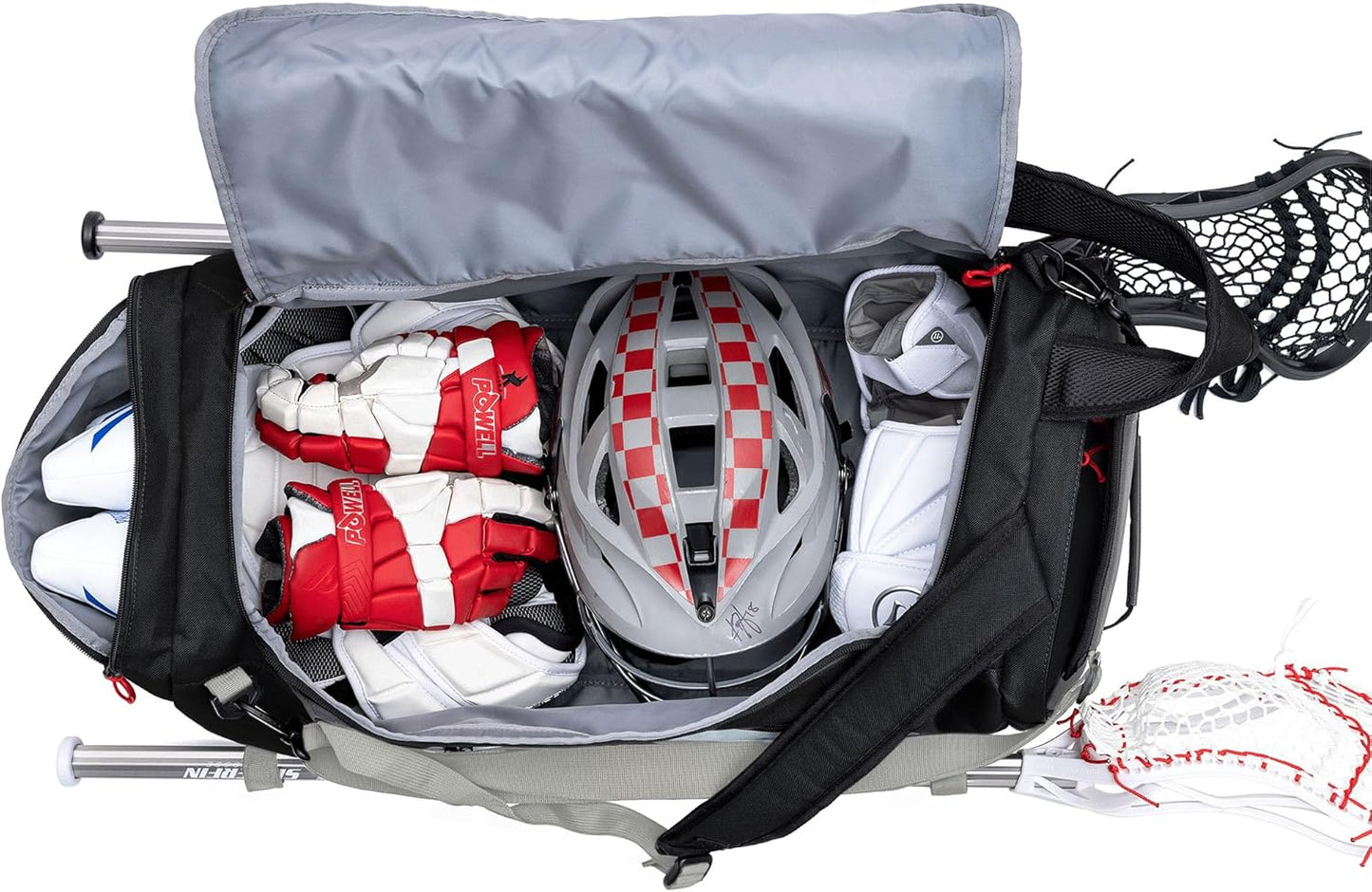 Silverfin Lacrosse Black/Grey Gear Bag | With Two Stick Holders & Multi Pockets for all of Your Lacrosse Equipment